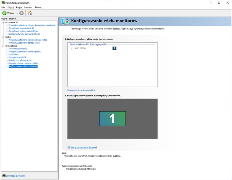 Tak natomiast wygląda panel sterowania Nvidii po podłączeniu zewnętrznego monitora. Monitor AOC widnieje na liście urządzeń podłączonych do RTX-a 3060.
