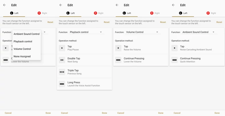 Możliwości konfiguracji pracy dotykowych paneli słuchawek w aplikacji Sony Headphones (kliknij, aby powiększyć)