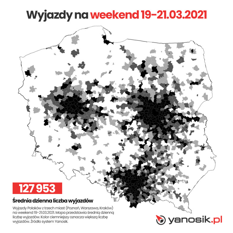 Mapa wyjazdów w weekend 19-21 marca 2021 r.