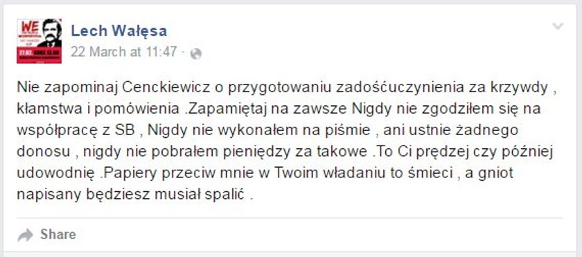 Lech Wałęsa o Sławomirze Cenckiewiczu