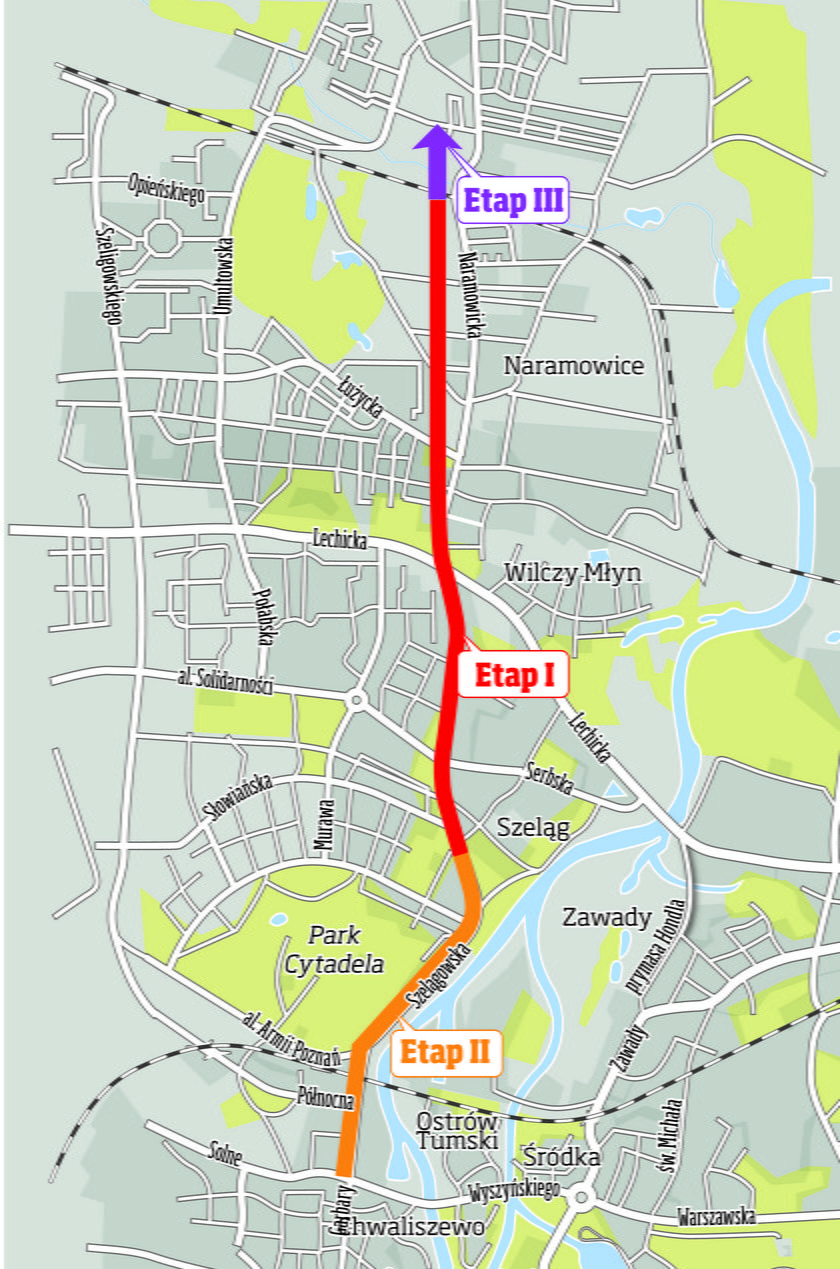 Budowę trasy tramwajowej na Naramowice podzielono na trzy etapy