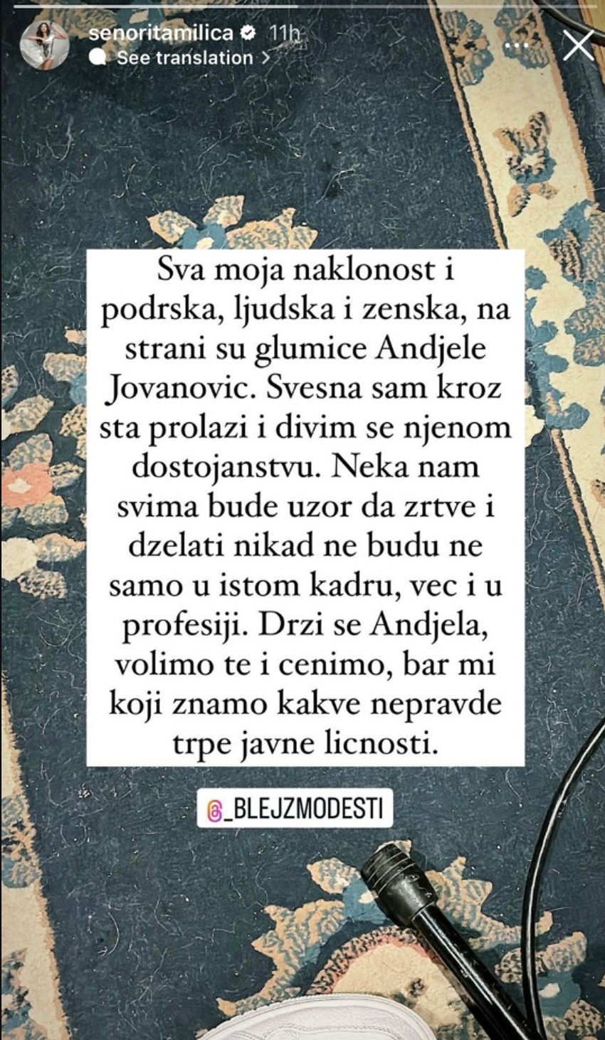 Milica Pavlović uputila podršku Anđeli Jovanović