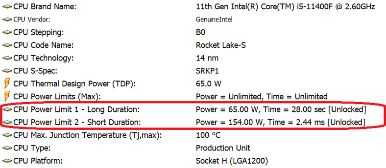Intel Core i5-11400F – domyślna konfiguracja limitów mocy CPU zalecana przez Intela