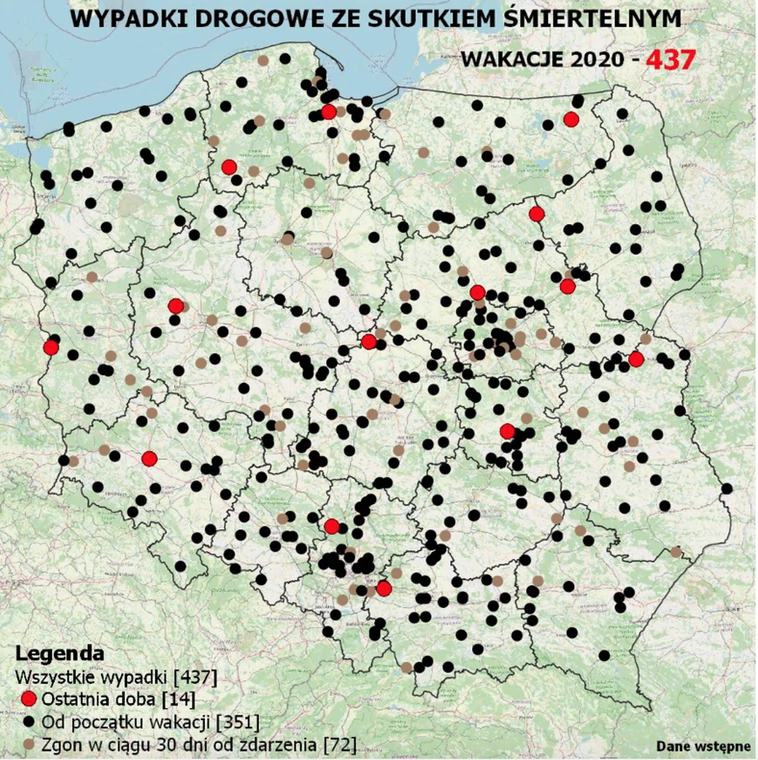 Policyjna mapa śmiertelnych wypadków drogowych 