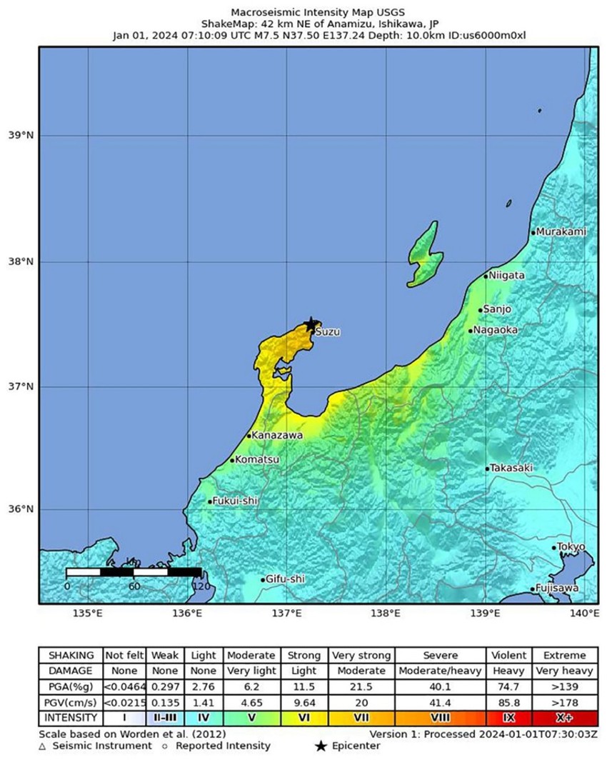 Zemljotres magnitude 7,5 Rihtera pogodio region Noto prefekture Išikava u Japanu 1. januara