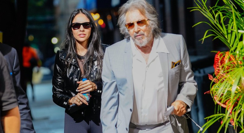 Noor Alfallah and Al Pacino arrive for a music video shoot with Bad Bunny on August 24, 2023 in New York City.Gotham/GC Images