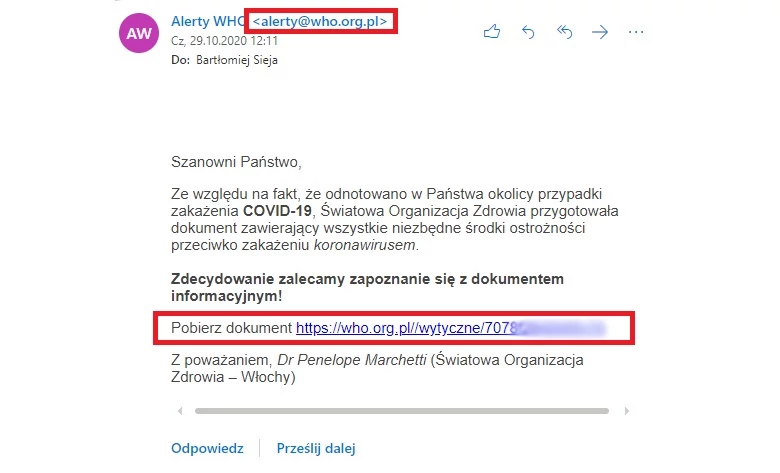 Nieprawdziwy mail od WHO - nie istnieje taka strona w adresie org.pl.