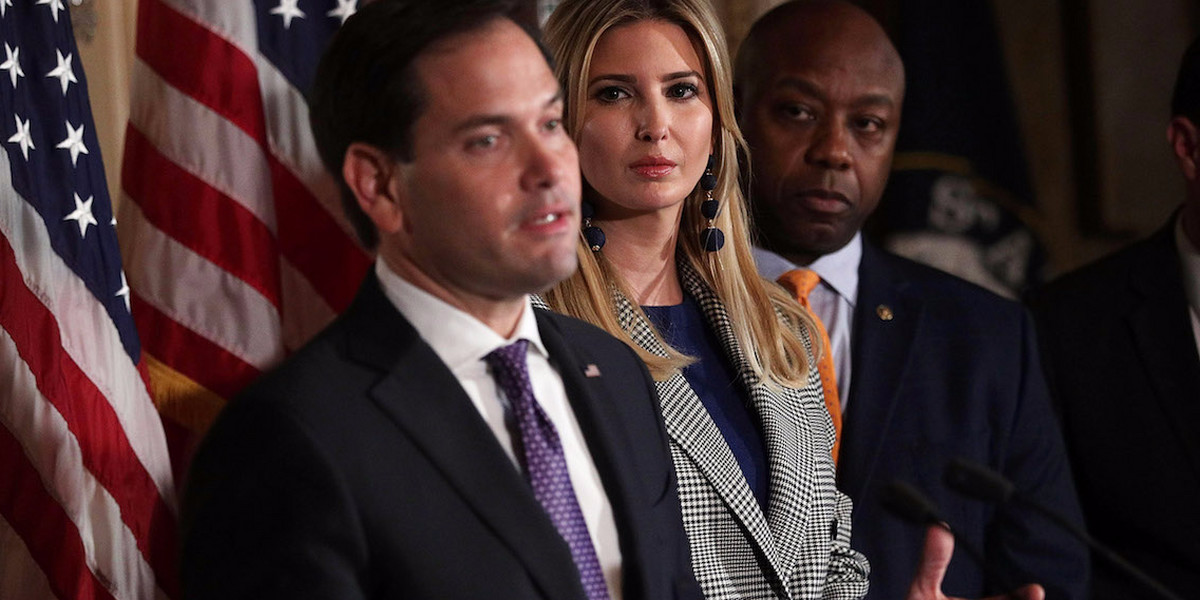 Ivanka Trump looks on as Sen. Marco Rubio speaks about the child tax credit at a news conference on Capitol Hill in late October.