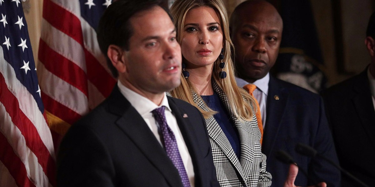 Ivanka Trump looks on as Sen. Marco Rubio speaks about the child tax credit at a news conference on Capitol Hill in late October.