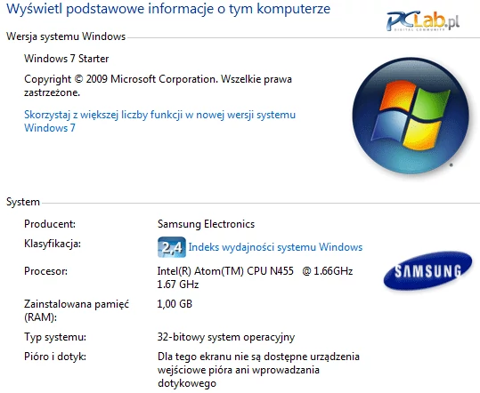 Producent zainstalował na dysku 32-bitowy system operacyjny Windows 7 w wersji Starter