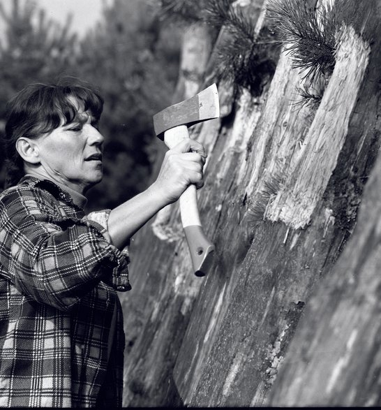 Magdalena Abakanowicz w czasie pracy nad instalacją „Słupy”, Wieliszew 1981 r.