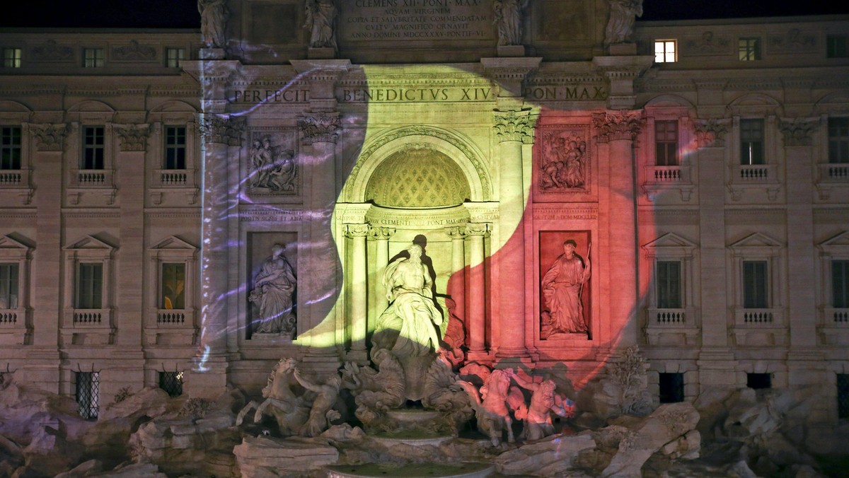 The black, yellow, and red colours of the Belgian flag are projected on the Trevi fountain in Rome, Italy, in tribute to the victims of today's Brussels bomb attacks