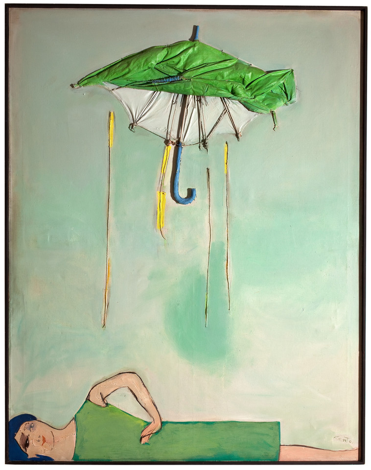 Tadeusz Kantor (1915–1990), "Emballage II. Parasol i postać" (1967; technika mieszana, płótno)
