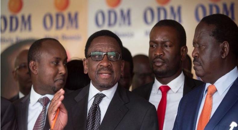 File image of James Orengo flanked by ODM party officials at a past press briefing