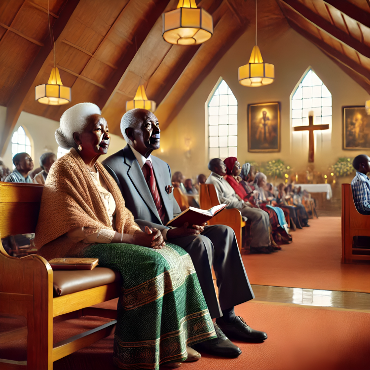 An AI-generated image of elderly Kenyan parents attending a church service The scene is set inside a modern church with a warm, welcoming atmosphere