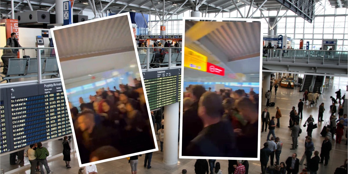 Tłum na lotnisku Okęcie.