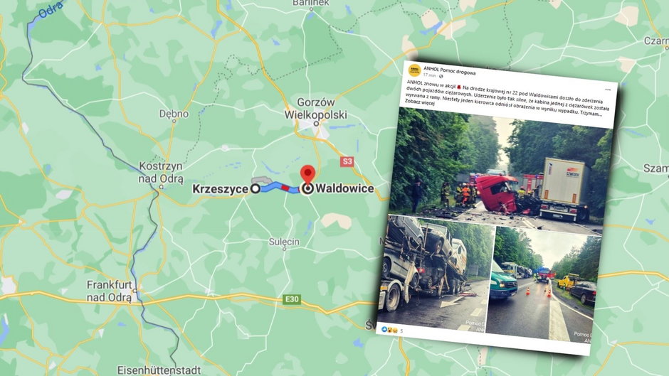 Lubuskie: Wypadek dwóch ciężarówek pod Waldowicami. Kierowca wypadł z kabiny