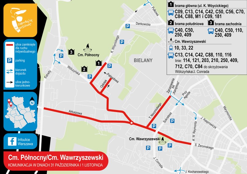 Cmentarz Północny i Cmentarz Wawrzyszewski – organizacja ruchu 31 października i 1 listopada: