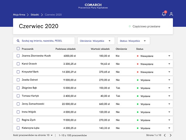 Lista pracowników w ramach danego miesiąca z naliczonymi kwotami składek na PPK