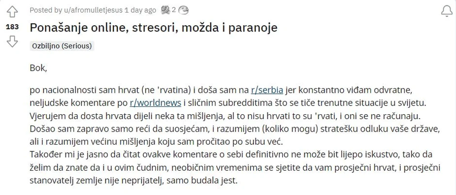 Poruka Hrvata Srbima, Reddit