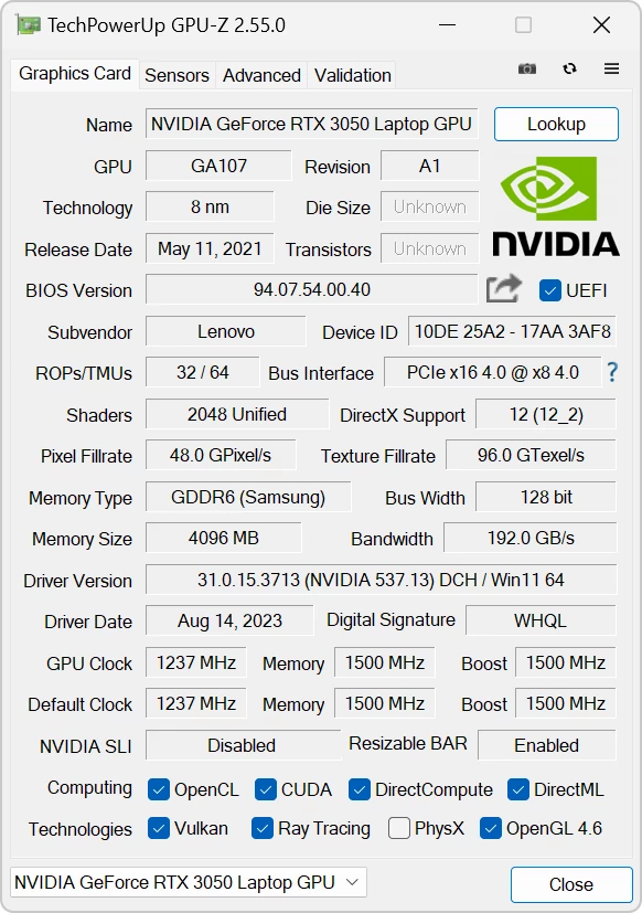 Lenovo IdeaPad Gaming 3 (15ARH7) – GPU-Z – specyfikacja układu Nvidia GeForce RTX 3050 Laptop GPU [85W]