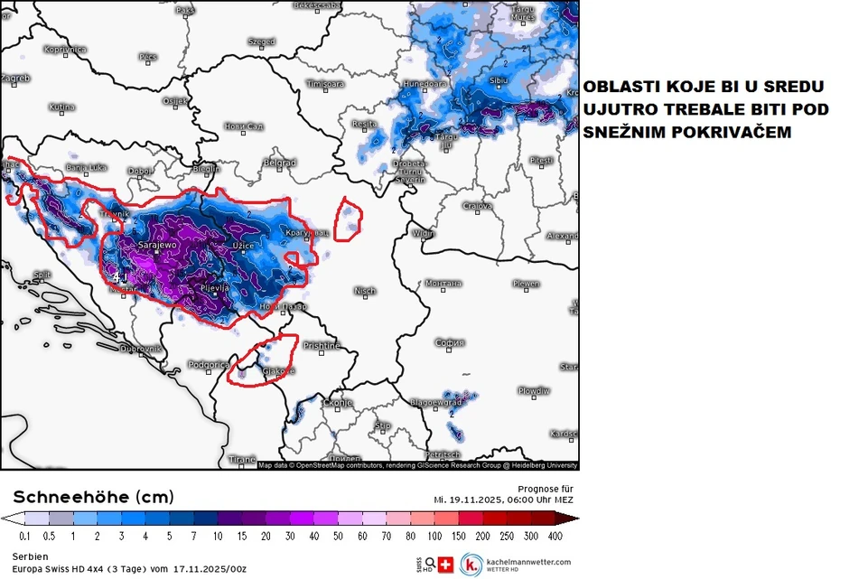 Mapa snežnih padavina u sredu