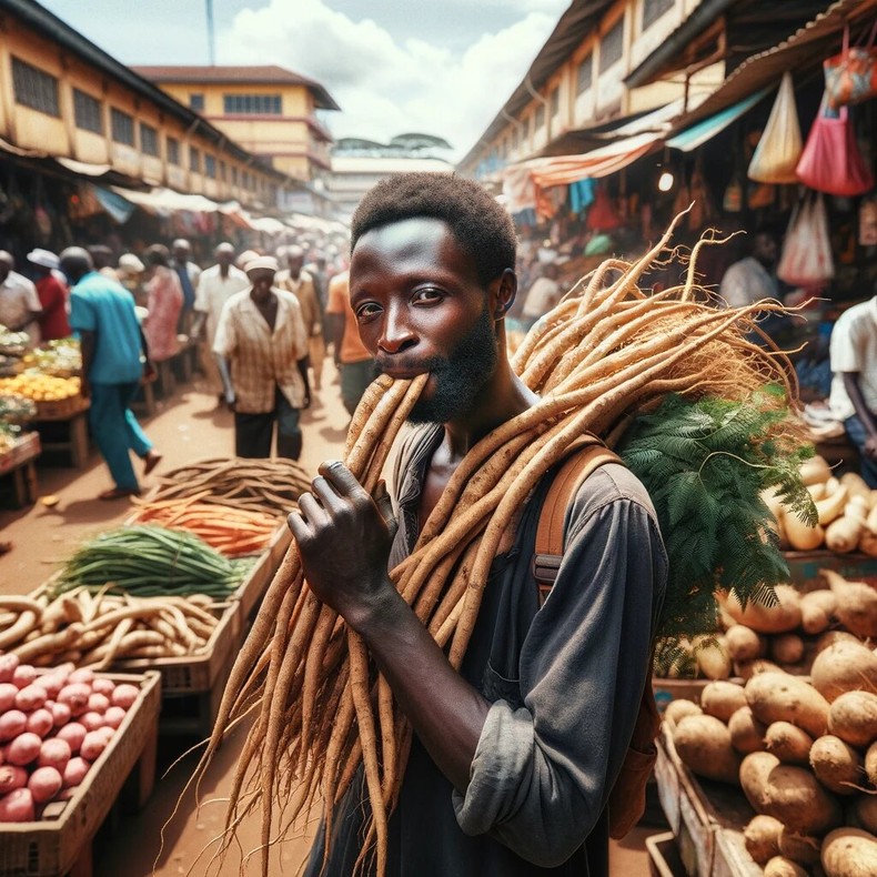 An AI-generated image of a man carrying and chewing Mukombero