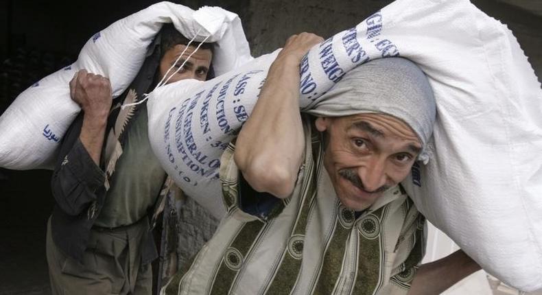 Workers carry sacks of rice in the Nile Delta town of Mansoura city, 210 km (130 miles) north of Cairo, in a file photo. REUTERS/Nasser Nuri