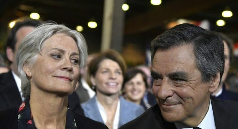 French presidential hopeful Francois Fillon and his Welsh-born spouse Penelope at a campaign rally in Paris, on January 29, 2017