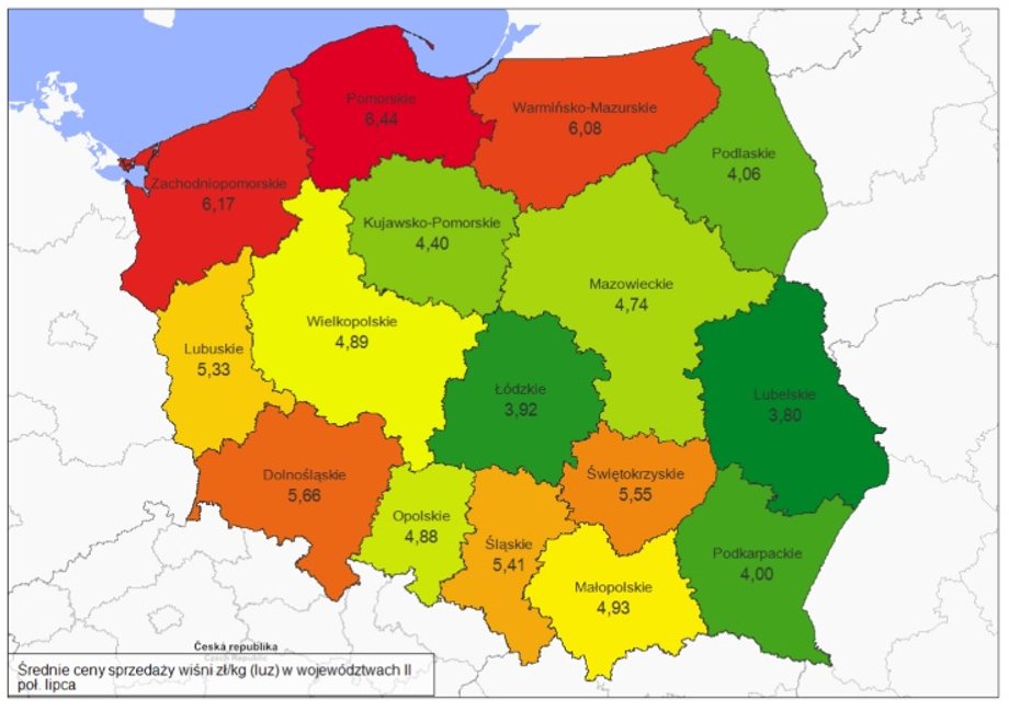 Średnie ceny wiśni w II połowie lipca 2018 roku