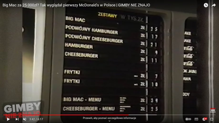 Menu w pierwszym polskim McDonaldzie nie było obszerne (Screen: YouTube.com/@GIMBY NIE ZNAJO)