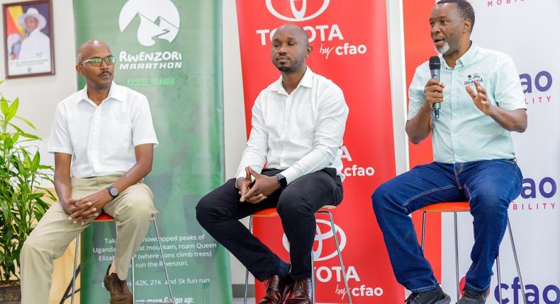 Amos Wekesa, the Rwenzori Marathon Team Lead, Isaac Tegule, Marketing Manager of CFAO Mobility at the press conference