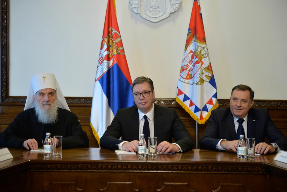 Patrijarh Irinej, Aleksandar Vučić i Milorad Dodik