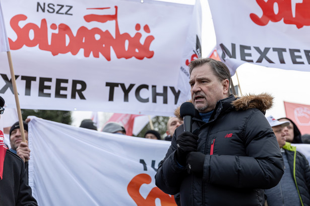 Bolechowo (woj. wielkopolskie), 31.01.2022. Przewodniczący NSZZ "Solidarność" Piotr Duda