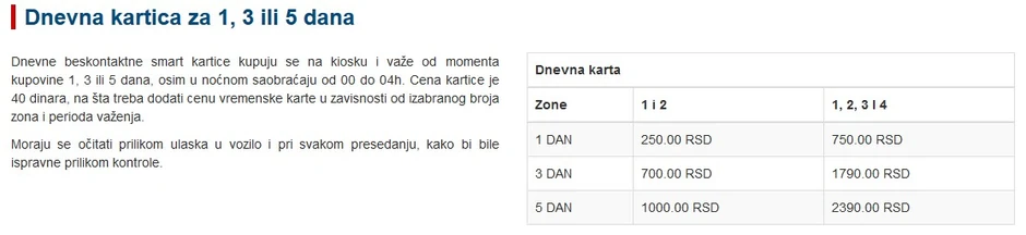 Cene karata za jedan, tri ili pet dana