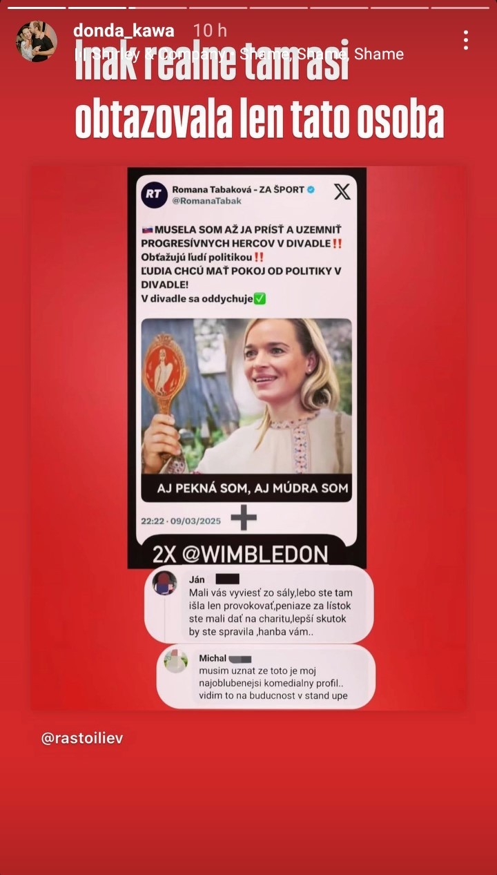 Dominika Kavaschová reaguje na Romanu Tabakovú po jej verejnej kritike hercov Činohry SND. 