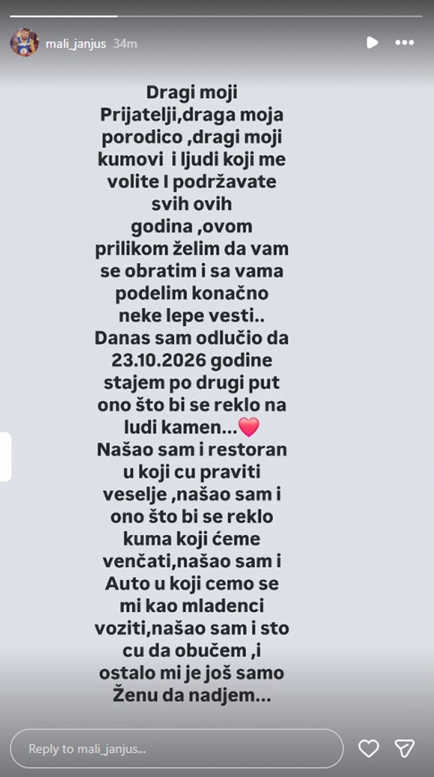 Marko Janjušević Janjuš otkrio da se ženi našao restoran i kuma