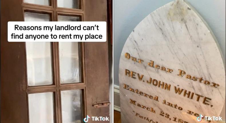 A TikToker posted a video describing how tombstones, human hair, and other oddities are preventing her home from being rented.@mybloodygalentine/TikTok