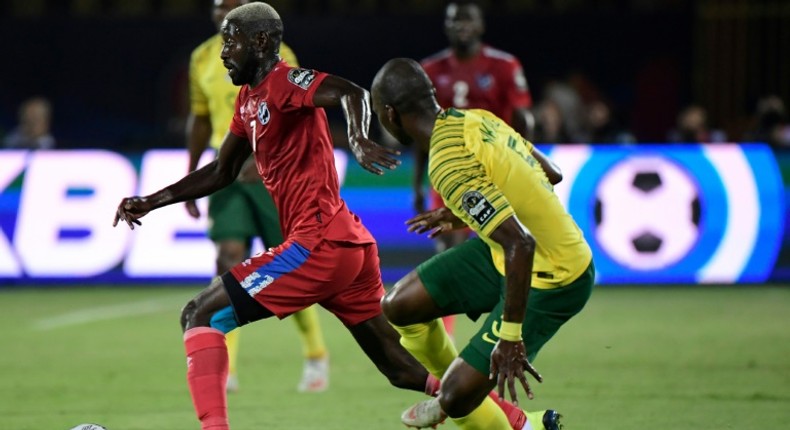 Orlando Pirates winger Deon Hotto (L) playing for Namibia against South Africa at the 2019 Africa Cup of Nations in Egypt.