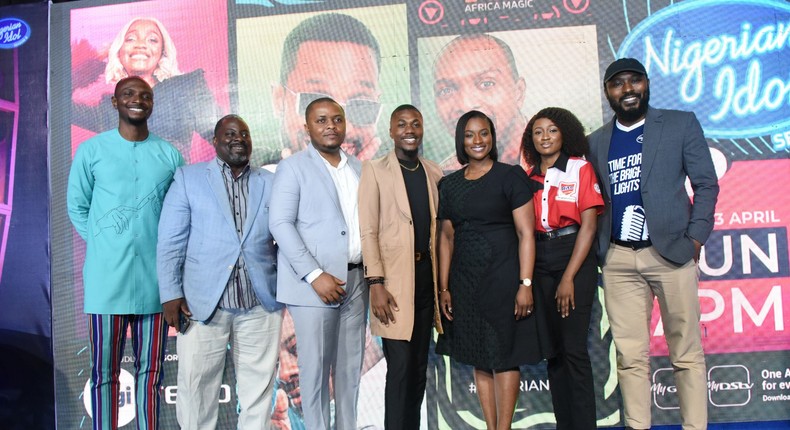 L-R: Nigerian Idol host, IK Osakioduwa; Nigerian Idol judge, Obi Asika; Marketing Manager, Tecno, Thompson Ani; Nigerian Idol Season 7 winner, Progress Chukwuyem; Head of Content and West Africa Channels, MultiChoice, Dr Busola Tejumola; Assistant Brand Manager, Biola Aransiola; and Marketing Manager, MultiChoice Nigeria, Tope Oshunkeye at the Nigerian Idol season 8 unveiling.