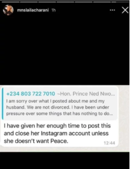 Ned Nwoko's ex-wife Laila shares screenshot of message where he allegedly  threatened her | Pulse Nigeria
