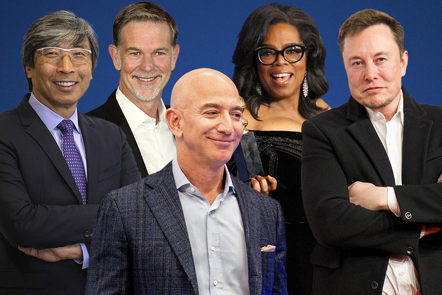 Wśród najbogatszych Amerykanów znajdziemy takie postacie jak Patrick Shoon-Shiong, Reed Hastings, Jeff Bezos, Oprah Winfrey czy Elon Musk