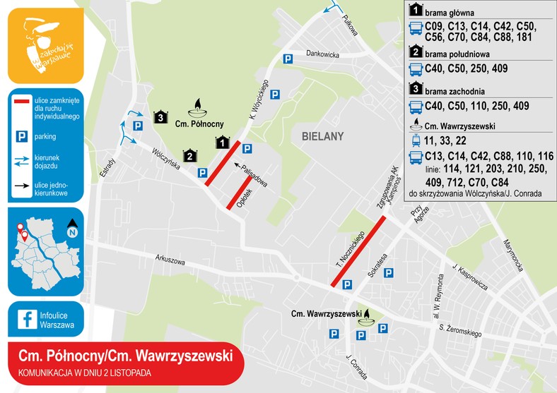 Cmentarze Północy i Wawrzyszewski - komunikacja w dniu 2 listopada