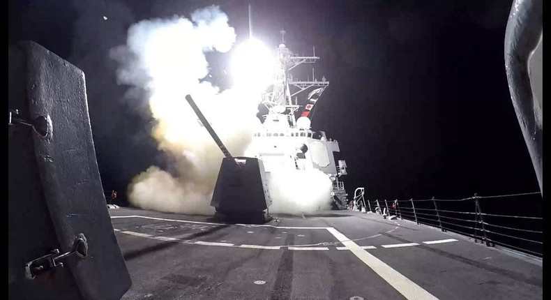 A missile launches from a US Navy warship in the Red Sea in February.US Central Command