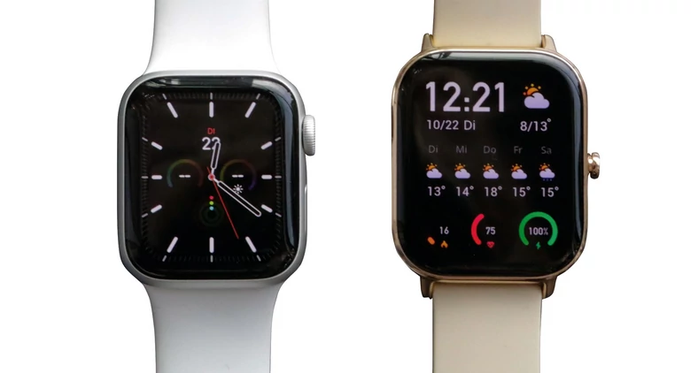 Porównanie z pierwowzorem pokazuje wyraźnie: Huami Amazfit GTS (po prawej) dość bezwstydnie kopiuje wzornictwo Apple Watch Series 5 w mniejszym wariancie 40-milimetrowym (po lewej)