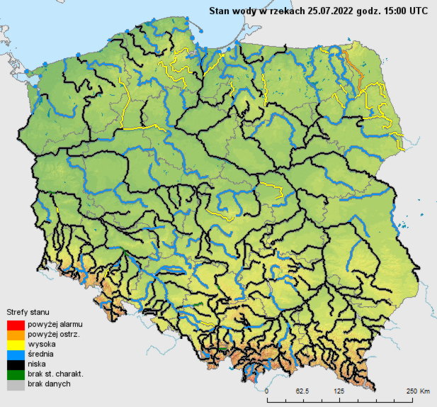 Stan wody w rzekach, 25 lipca godz. 17.00.