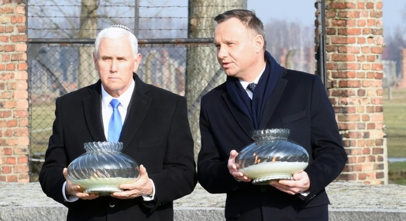 Poland's President Andrzej Duda (R, pictured February 2019 at Auschwitz) said he will not participate in the event marking the liberation of the Nazi death camp