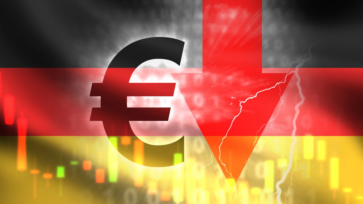 Niemiecka flaga z zaznaczoną czerwoną strzałką w dół i znak euro