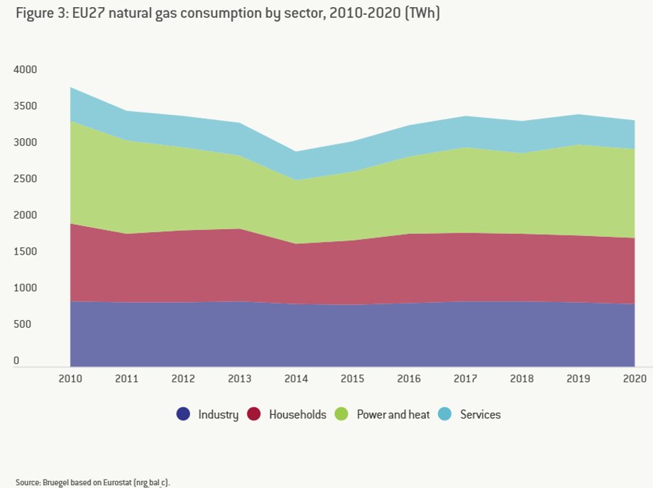 Blisko 30 proc. zużycia gazu w UE służy produkcji energii elektrycznej i ogrzewania. Równy udział mają też przemysł i gospodarstwa domowe, dużo mniejszy usługi.