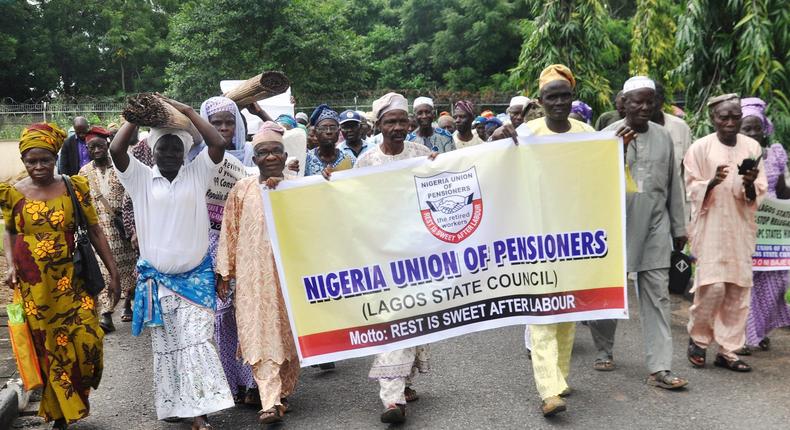 Pensioners protest non-payment of wages.